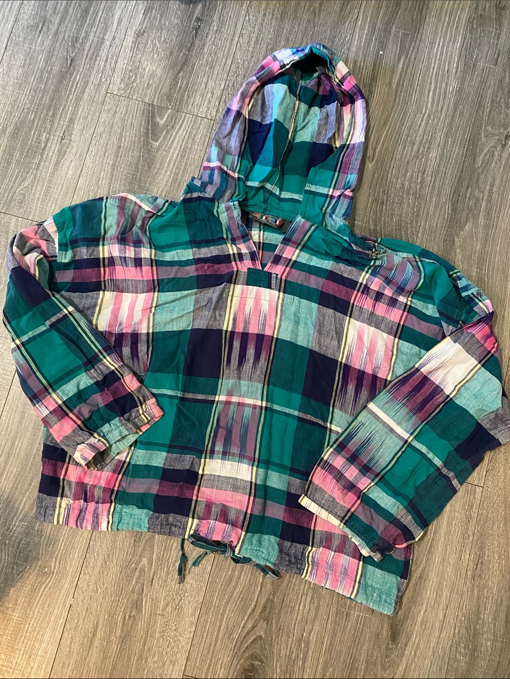 Vintage Madras Plaid Hooded Lightweight Top in Teal and Pink